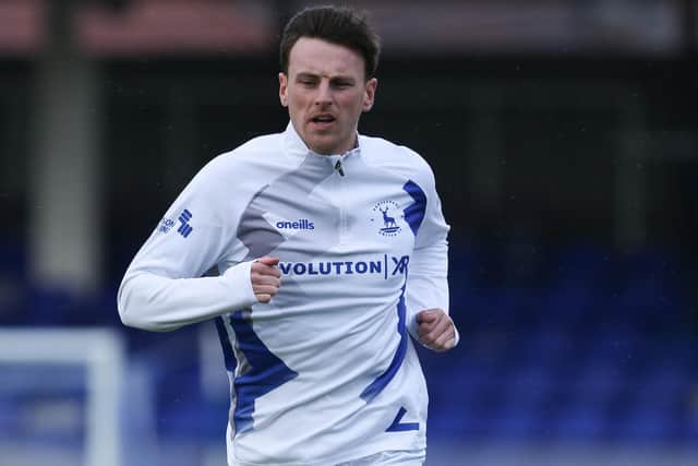 Jake Lawlor of Hartlepool United warms up during the FA Cup match between Hartlepool United and Wycombe Wanderers at Victoria Park, Hartlepool on Saturday 6th November 2021. (Credit: Will Matthews | MI News)