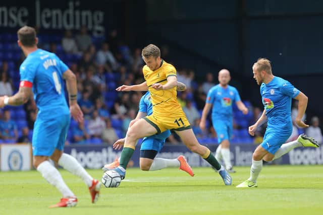 Rhys Oates in action  during the Vanarama National League match between Stockport County and Hartlepool United at the Edgeley Park Stadium, Stockport on Sunday 13th June 2021. (Credit: Mark Fletcher | MI News)