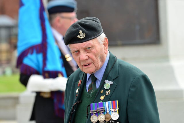 A Durham Light Infantry (DLI) veteran attended the parade at the war memorial in Hartlepool town centre. Picture by FRANk REID