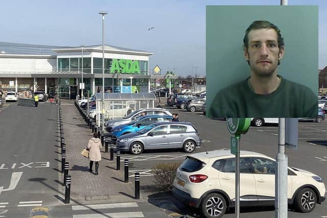 Jamie Williams (inset) robbed a woman of her purse in Asda's car park on Marina Way, Hartlepool.