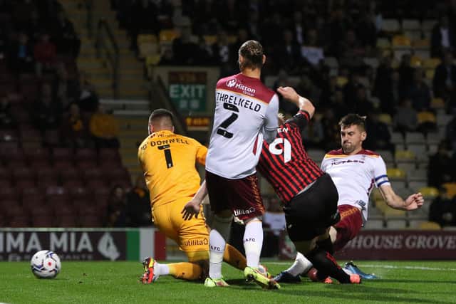 Mark Cullen of Hartlepool United scores during the Sky Bet League 2 match between Bradford City and Hartlepool United at the Coral Windows Stadium, Bradford on Tuesday 19th October 2021. (Credit: Will Matthews | MI News)