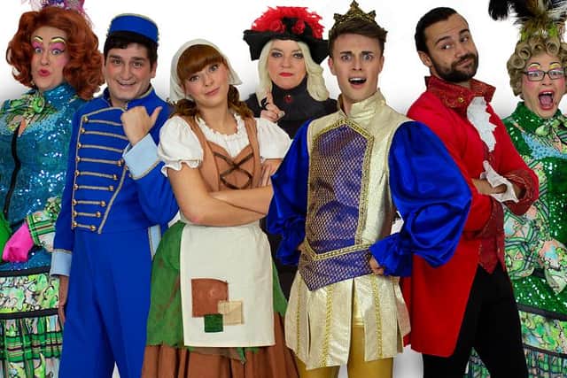 From left, Ben Roberts as Fillermina, Jack Gleadow as Buttons, Hannah Woodward as Cinderella, Stephanie Aird as The Evil Stepmother, Joe Tasker as Prince C, Aled Davies as Dandini and Gary Martin Davis as Botoxia.