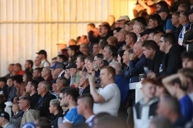 Hartlepool United fans seen during the Carabao Cup match between Hartlepool United and Crewe Alexandra at Victoria Park, Hartlepool on Tuesday 10th August 2021. (Credit: Will Matthews | MI News)