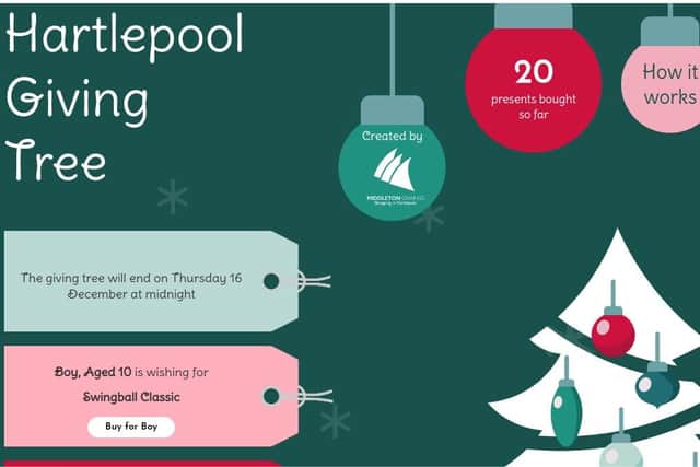 The homepage of the Hartlepool Giving Tree website.