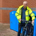 Road safety and sustainable travel officer, Justin Goult, beside the new bike lockers in Villiers Street, Hartlepool.