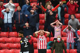 Sunderland striker Charlie Wyke and Sunderland fans react after Wyke had missed a first-half chance during the Sky Bet League One Play-off semi-final second leg match between Sunderland and Lincoln City.