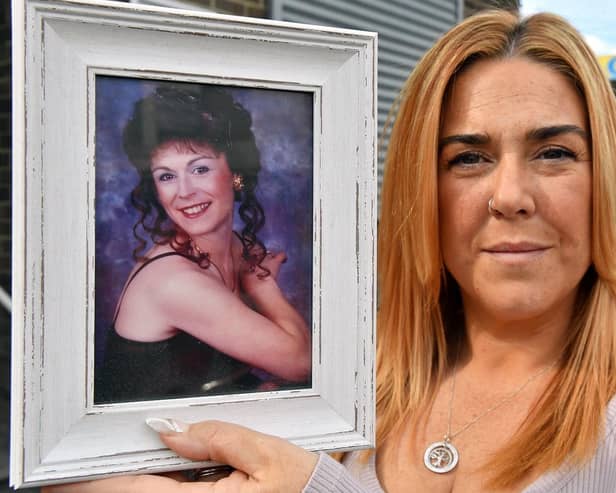 Tammy Gibson holding a photograph of her late mum Kim Goodrich, outside of the Corporation Club in Whitby Street, where she is holding a charity event in her memory./Photo: Frank Reid