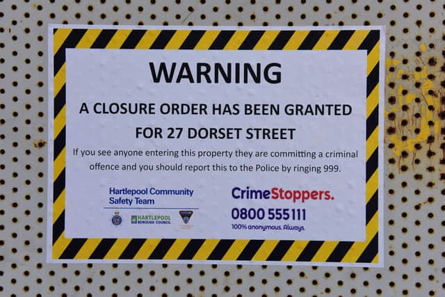 A close up of the Hartlepool Community Safety Team sign at 27 Dorset Street, Hartlepool.