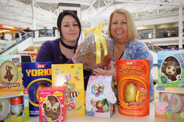 Middleton Grange customer services manager Jade Trundley and retail executive manager Suzanne Chaney at the launch of the Easter egg appeal for the Hartlepool Refuge in 2015.