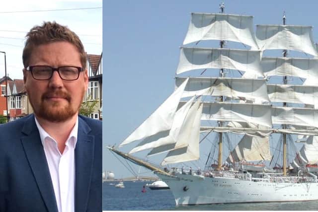 Councillor Jonathan Brash and class A tall ship Dar-Mlodziezy which will be part of the Hartlepool Tall Ships Races 2023.