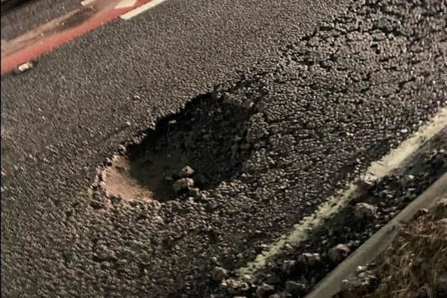 Pothole on the A179 slip road between Hartlepool and Durham.