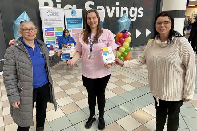 Nichola Gething from Hartlepool Carers (centre) pass out information leaflets to Kelly Robson (left) and Tracey Bilton during a Carers Rights Day event held within Middleton Grange Shopping Centre. Picture by FRANK REID
