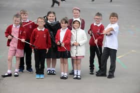 West View Primary School pupils prepare to litter pick around the school grounds.