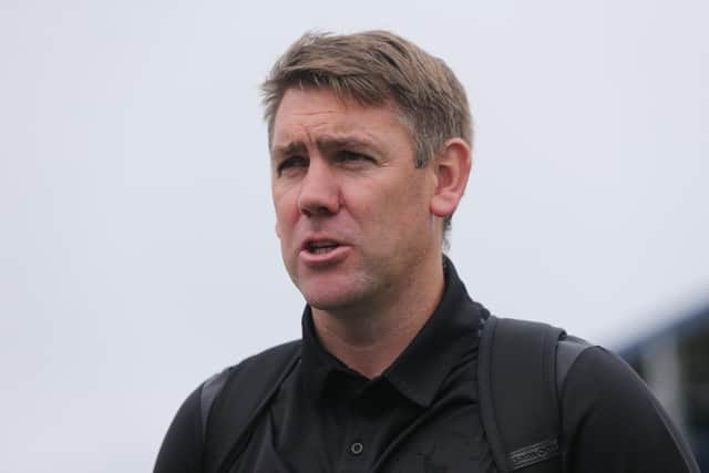 Hartlepool United manager Dave Challinor  during the Sky Bet League 2 match between Barrow and Hartlepool United at Holker Street, Barrow-in-Furness on Saturday 14th August 2021. (Credit: Mark Fletcher | MI News)