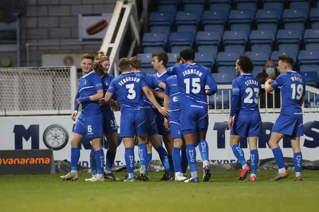 Hartlepool United's Luke Armstrong celebrates after scoring their first goal   during the Vanarama National League match between Hartlepool United and Barnet at Victoria Park, Hartlepool on Saturday 27th February 2021, live on BT Sport. (Credit: Mark Fletcher | MI News)