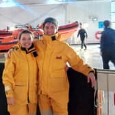 From left, Chandler Wilson and Colm Simpson at the RNLI College Sea Survival Centre. Picture RNLI.