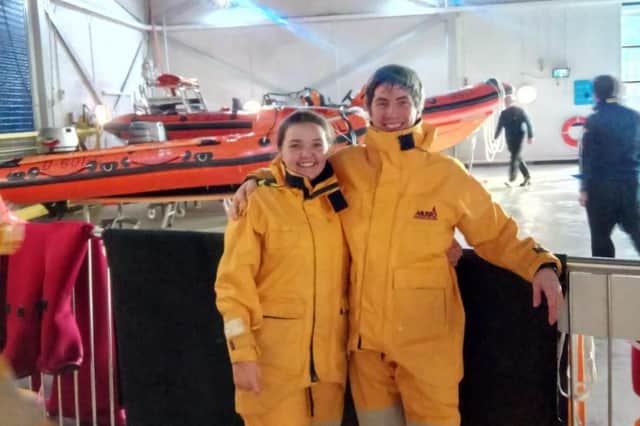 From left, Chandler Wilson and Colm Simpson at the RNLI College Sea Survival Centre. Picture RNLI.
