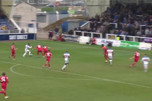 Wes McDonald's attacking impetus often drew more than one Leyton Orient defender during the 1-1 draw at the Suit Direct Stadium. Credit Hartlepool United Football Club