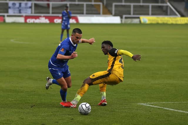 Ryan Donaldson of Hartlepool United and Shadrach Ogie of Aldershot Town during the Vanarama National League match between Hartlepool United and Aldershot Town at Victoria Park, Hartlepool on Saturday 3rd October 2020. (Credit: Christopher Booth | MI News)