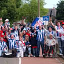 Hartlepool United fans before the game get ready for the League One play-off final.