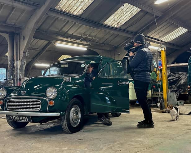 John Arkley in the Morris Minor van at his Graythorp site being filmed for the new series of Bangers and Cash: Restoring Classics.