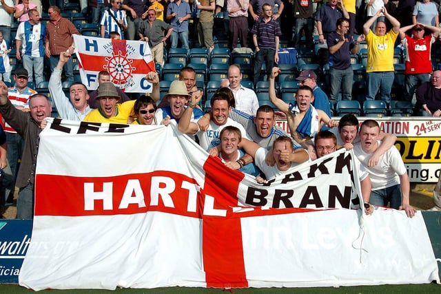 These Hartlepool United fans were not flagg-ing after a long journey to Buckinghamshire.