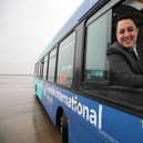 Tees Valley Mayor Ben Houchen at the wheel of a bus. Photo via Tees Valley Combined Authority.