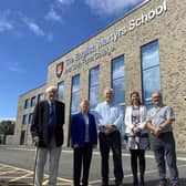 Left to right: David Relton (former headteacher), Dame Maura Regan (founding BHCET Trust CEO), Mike Shorten (BHCET Trust CEO), Sara Crawshaw (headteacher) and Michael Lee (former headteacher) at The English Martyrs Catholic School & Sixth Form College 50th Anniversary.