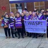 Members of the WASPI Hartlepool Supporters Group at Hartlepool Railway Station before setting off to the rally in London.