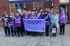 Members of the WASPI Hartlepool Supporters Group at Hartlepool Railway Station before setting off to the rally in London.