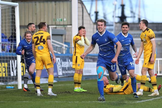 Rhys Oates of Hartlepool United celebrates after scoring their first goal during the Vanarama National League match between Hartlepool United and Sutton United at Victoria Park, Hartlepool on Saturday 30th January 2021. (Credit: Mark Fletcher | MI News)