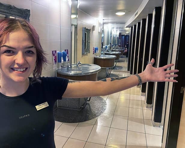 Staff member Ashlyn O'Donnell in the award-winning ladies' toilets at Wetherspoon's Ward Jackson pub, in Church Square, Hartlepool. Picture and caption by FRANK REID.