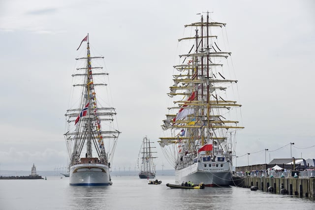 Three of the big ships get ready to leave the Victoria Dock on the last day of the Tall Ships. Picture by BERNADETTE MALCOLMSON