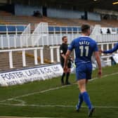 Rhys Oates of Hartlepool United celebrates with team mates after putting his side 1-0 up during the Vanarama National League match between Hartlepool United and Woking at Victoria Park, Hartlepool on Saturday 20th March 2021. (Credit: Chris Booth | MI News)