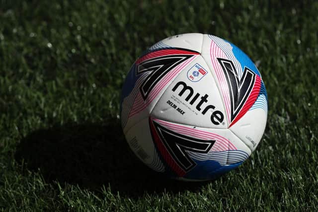 A detailed view of the Mitre Delta Max EFL match ball prior to the Sky Bet League Two match between Tranmere Rovers and Cambridge United at Prenton Park on April 05, 2021 in Birkenhead, England. (Photo by Lewis Storey/Getty Images)