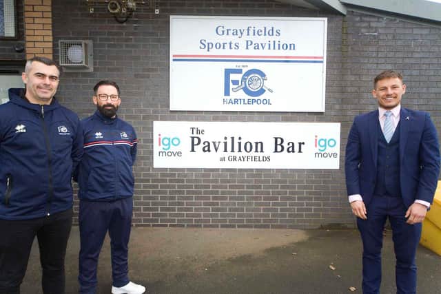 From left, FC Hartlepool Trustee Chris Birkbeck, bar manager Anthony Jones and Igomove Teesside director Danny Naylor at the Pavilion Bar at Grayfields. Picture David Howard.
