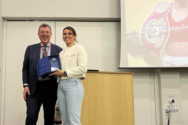 Savannah Marshall gets her award from Mark White. Pic: AoC.