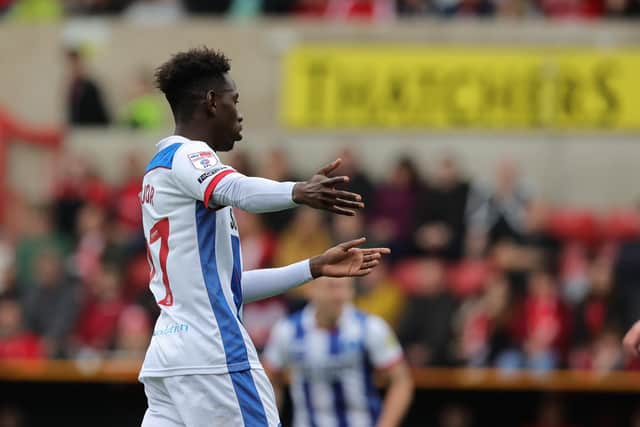 Clarke Oduor celebrated his only goal for Hartlepool United in the 2-1 defeat to Swindon Town. (Credit: Dave Peters | Prime Media | MI News)