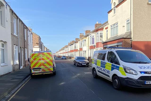 Police officers outside of a house that was the scene of a drug raid in Cornwall Street Hartlepool. Picture by Frank Reid
