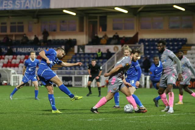 Nicky Featherstone of Hartlepool United scores their third goal during the Vanarama National League match between Hartlepool United and Wealdstone at Victoria Park, Hartlepool on Saturday 9th January 2021. (Credit: Mark Fletcher | MI News)