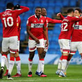 Middlesbrough players celebrate after scoring against Wycombe.
