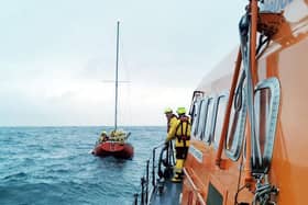 Hartlepool RNLI all weather lifeboat alongside the yacht. Picture: RNLI/Jordan Craddy.