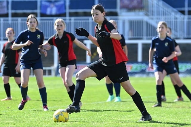 English Martyrs, red and black, versus High Tunstall in the key stage three girls' cup final. Picture by FRANK REID