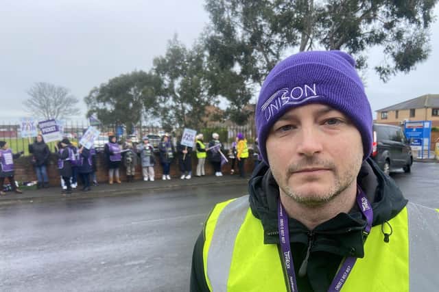 UNISON regional organiser Conor McArdle at the picket line outside The University Hospital of Hartlepool as healthcare assistants go on strike.