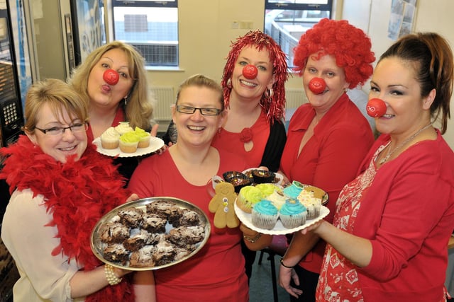 Hartlepool Mail advertising staff Linda Hutchinson, Sandra Armstrong, Pauline Caldwell Barr, Angie Whitfield, Jo Spence and Lisa McLaughlin organise a bake sale to raise funds for Comic Relief in 2011.