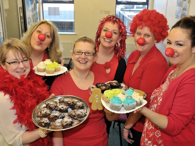 Hartlepool Mail advertising staff Linda Hutchinson, Sandra Armstrong, Pauline Caldwell Barr, Angie Whitfield, Jo Spence and Lisa McLaughlin organise a bake sale to raise funds for Comic Relief in 2011.