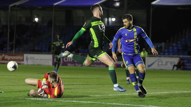 Solihull Moors' Ryan Boot saves from Luke Molyneux during the Vanarama National League match between Solihull Moors and Hartlepool United at Damson Park, Solihull on Tuesday 3rd March 2020. (Credit: Mark Fletcher | MI News)
