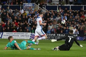 Jake Hastie was denied by Ross Doohan as Hartlepool United were forced to settle for a point against Tranmere Rovers. (Credit: Mark Fletcher | MI News)