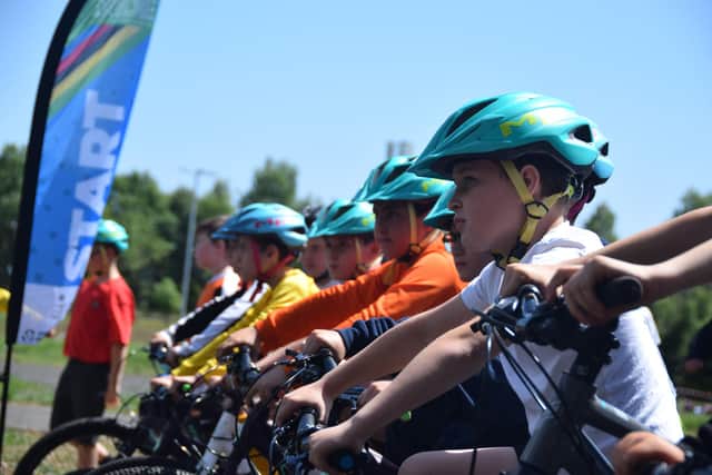 Hartlepool primary school children competing at the Summerhill cycling track.