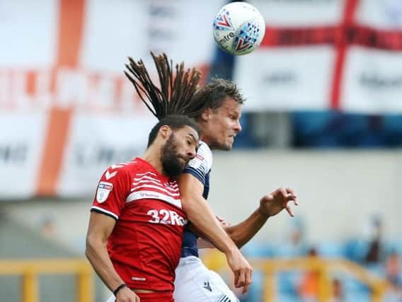 Middlesbrough's Ryan Shotton goes up for a header against Millwall.